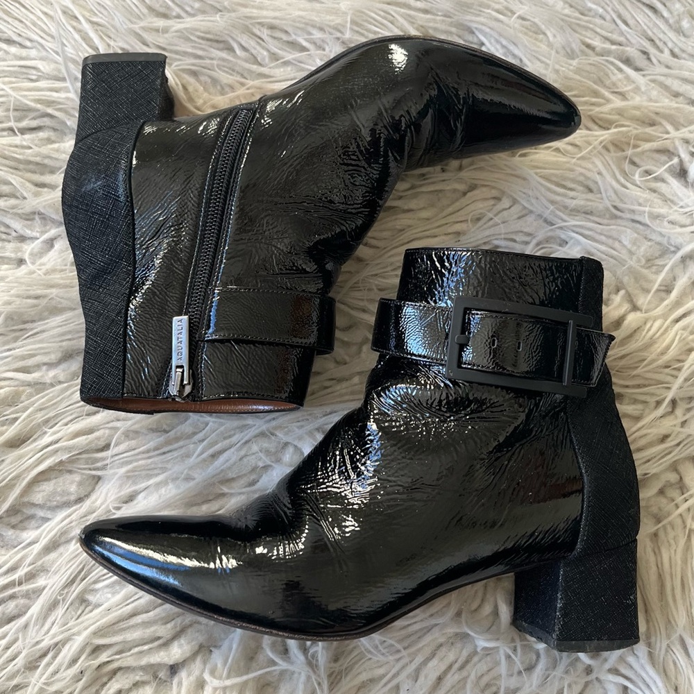 Aquatalia Phyllis Naplack Patent Leather Mixed Media Black Buckle Ankle Boot 6.5
